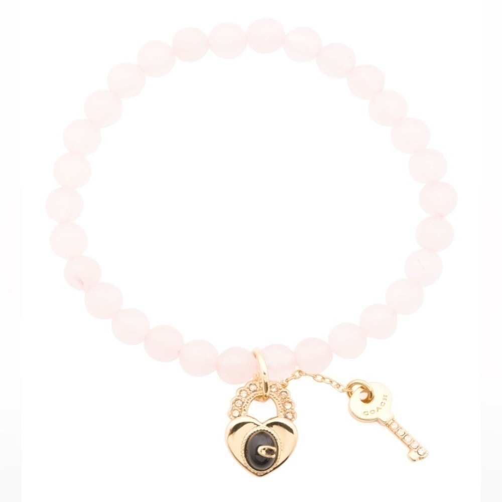 Last One Coach New Heart Key Bead Stretch Bracelet Light Pink‎ Gold Tone Chams